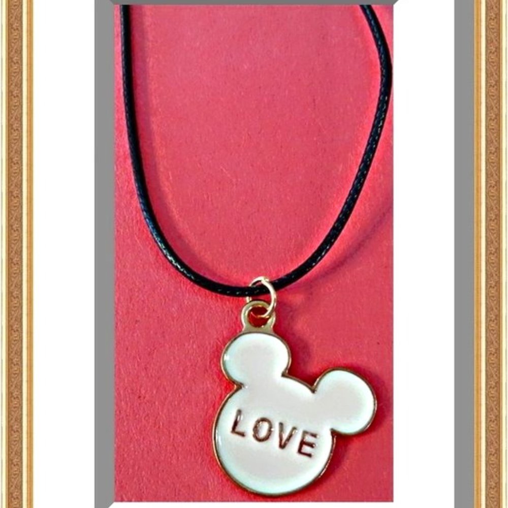 Mickey Mouse "Love" Theme Necklace With Black Rope Chain For Girls (Kids)